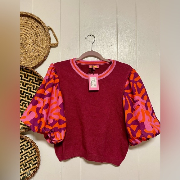 THML Burgundy Knit Mixed Media Top Puff Sleeves Size Large - Picture 4 of 8
